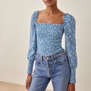 REFORMATION Pinto Floral Smocked Long Sleeve Top in RED 2X